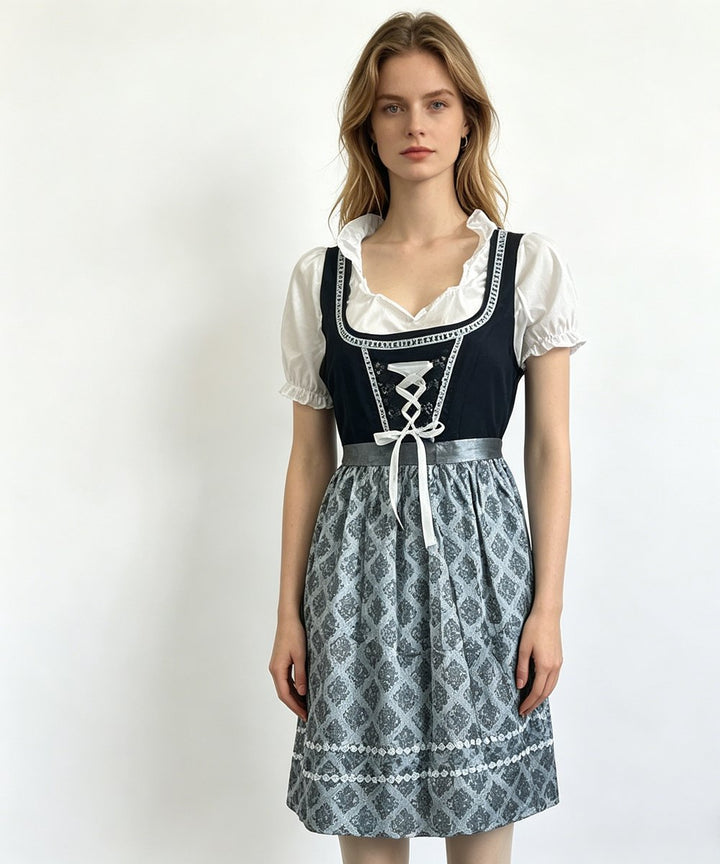 Women's Dirndl Lace-Up Corset Fall Midi Dress Apron Set