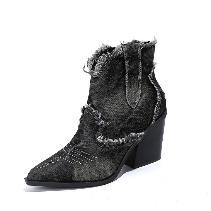 Women's Distressed Denim Western Pointed-Toe Ankle Boots