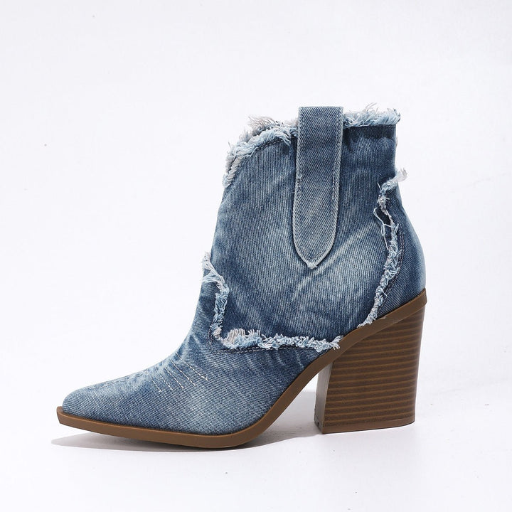Women's Distressed Denim Western Pointed-Toe Ankle Boots