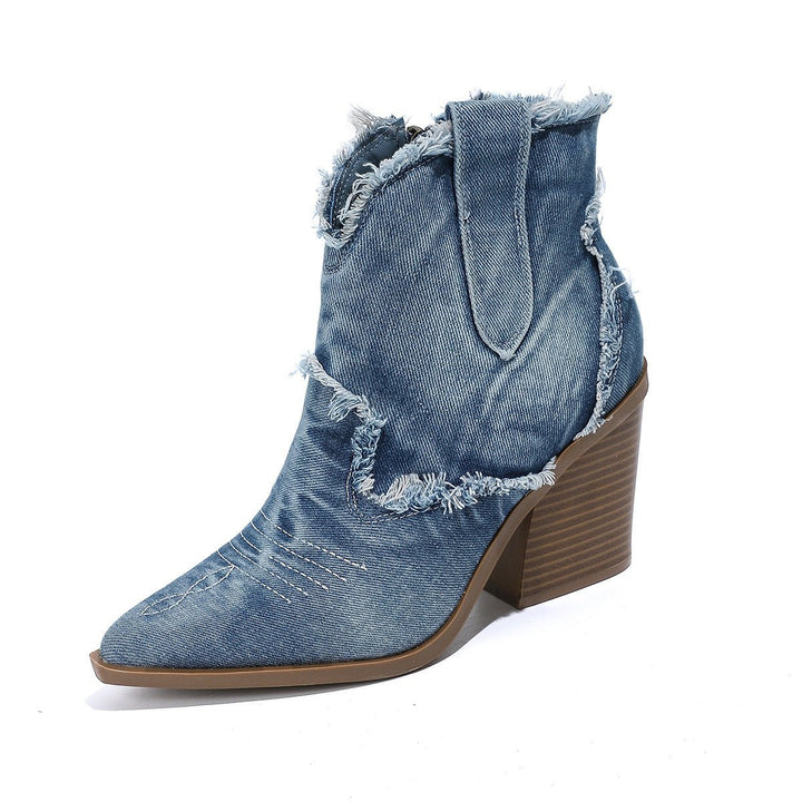 Women's Distressed Denim Western Pointed-Toe Ankle Boots