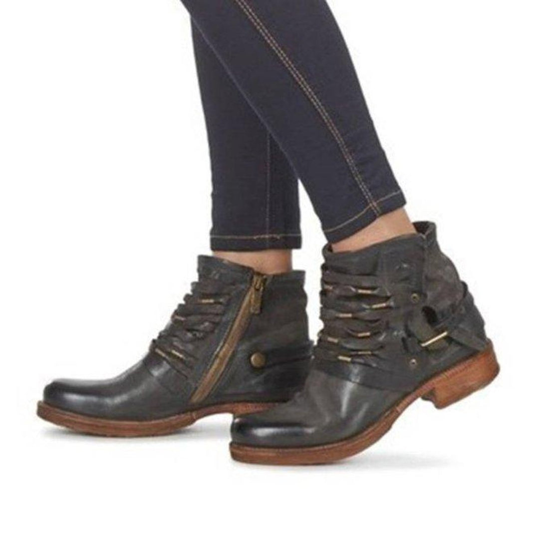 Women's Distressed Leather Lace-Up Buckle Ankle Boots