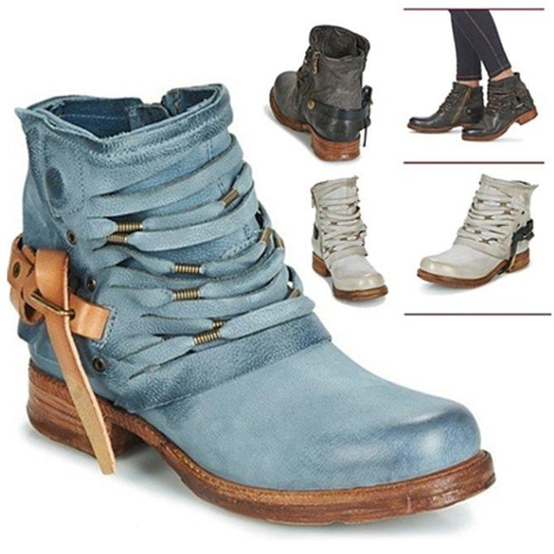 Women's Distressed Leather Lace-Up Buckle Ankle Boots