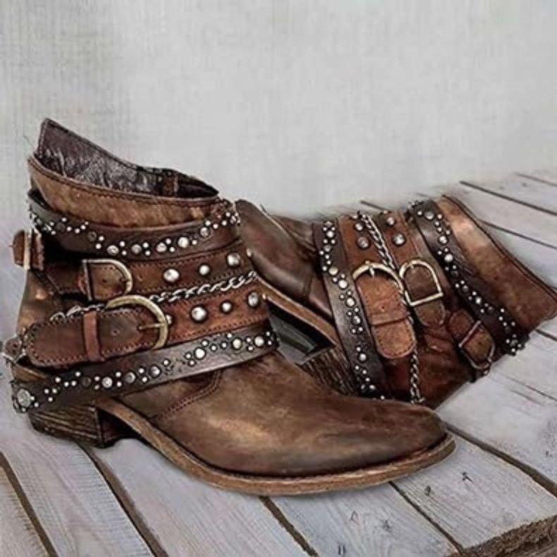 Women's Distressed Leather-Look Studded Buckle Strap Ankle Boots