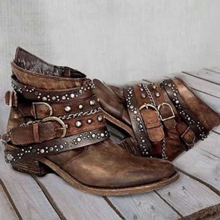 Women's Distressed Leather-Look Studded Buckle Strap Ankle Boots