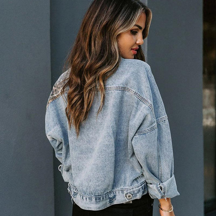 Women's Distressed Leopard-Panel Oversized Denim Jacket