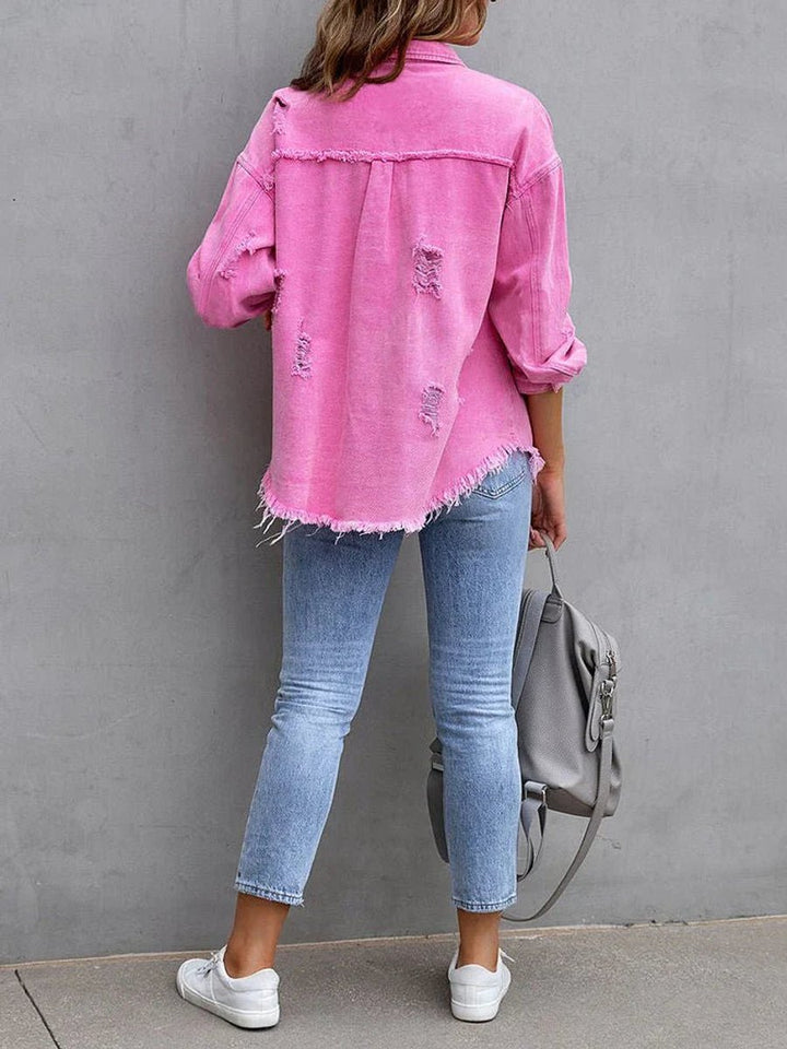 Women's Distressed Loose-Fit Raw-Hem Denim Jacket