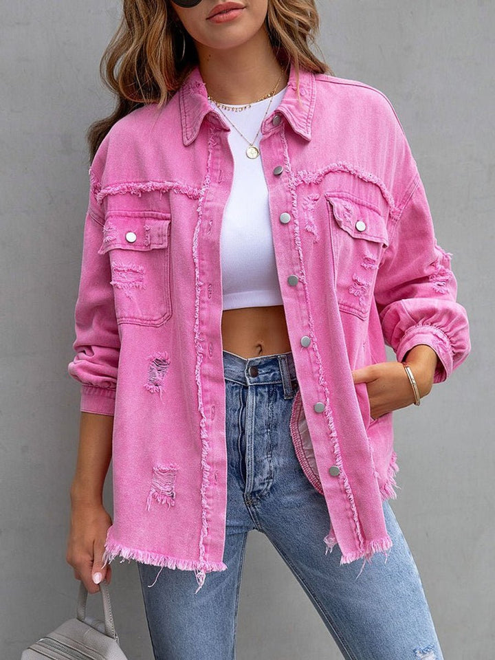 Women's Distressed Loose-Fit Raw-Hem Denim Jacket