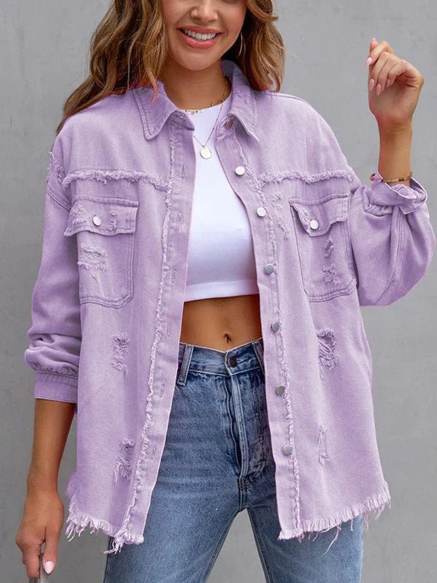 Women's Distressed Loose-Fit Raw-Hem Denim Jacket