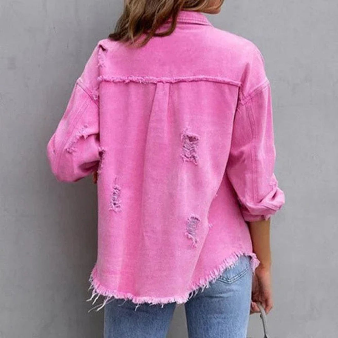Women's Distressed Raw-Hem Oversized Denim Jacket