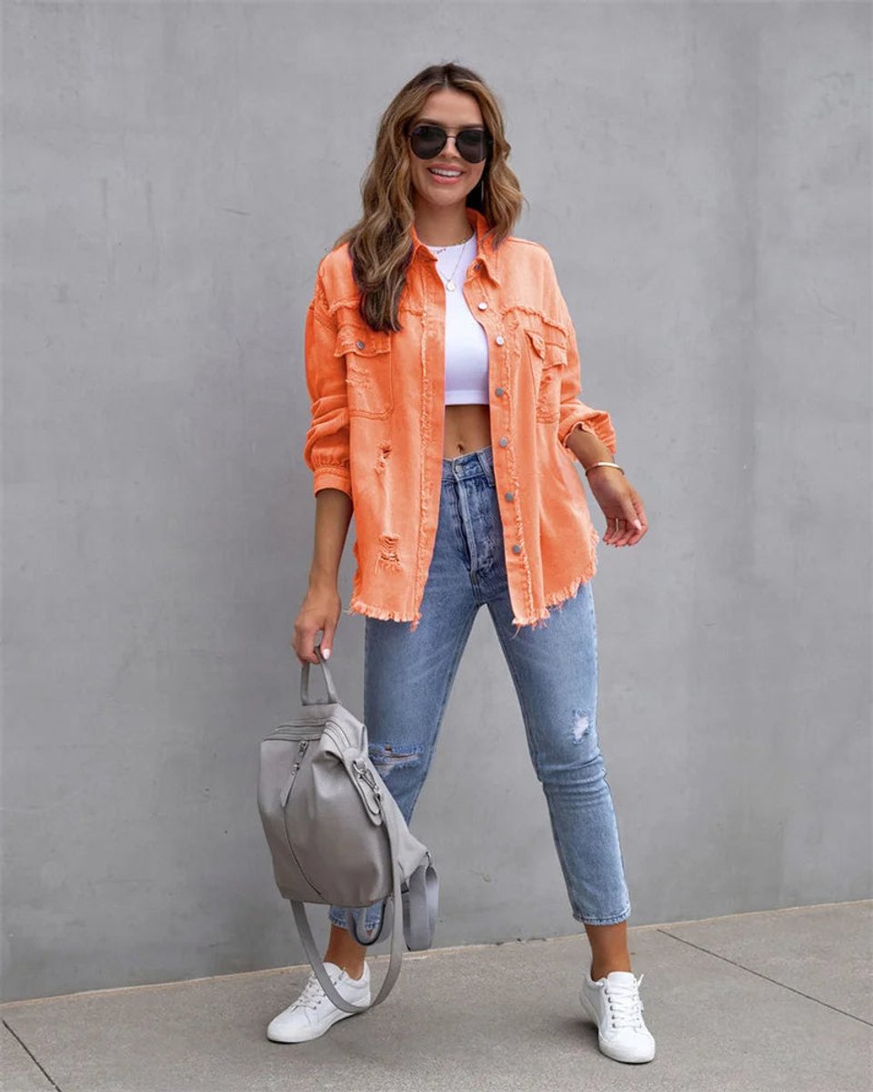 Women's Distressed Raw-Hem Oversized Denim Jacket