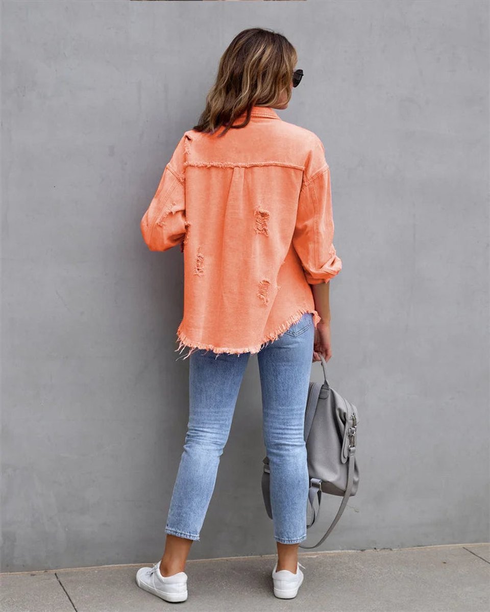 Women's Distressed Raw-Hem Oversized Denim Jacket