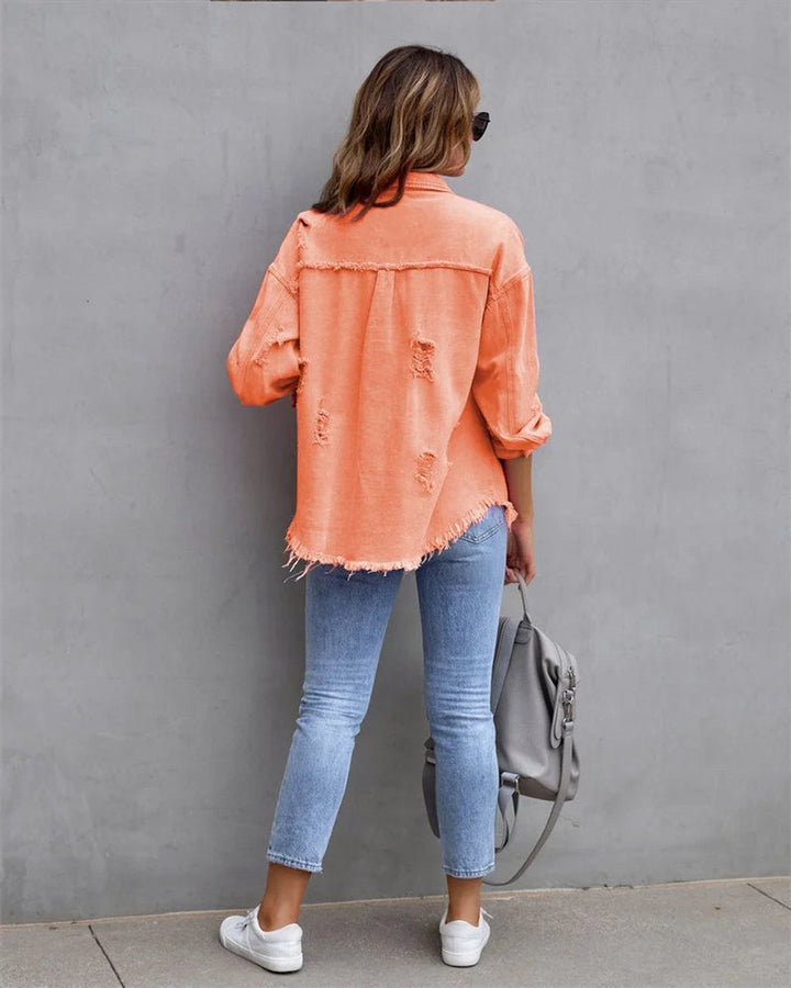 Women's Distressed Raw-Hem Oversized Denim Jacket