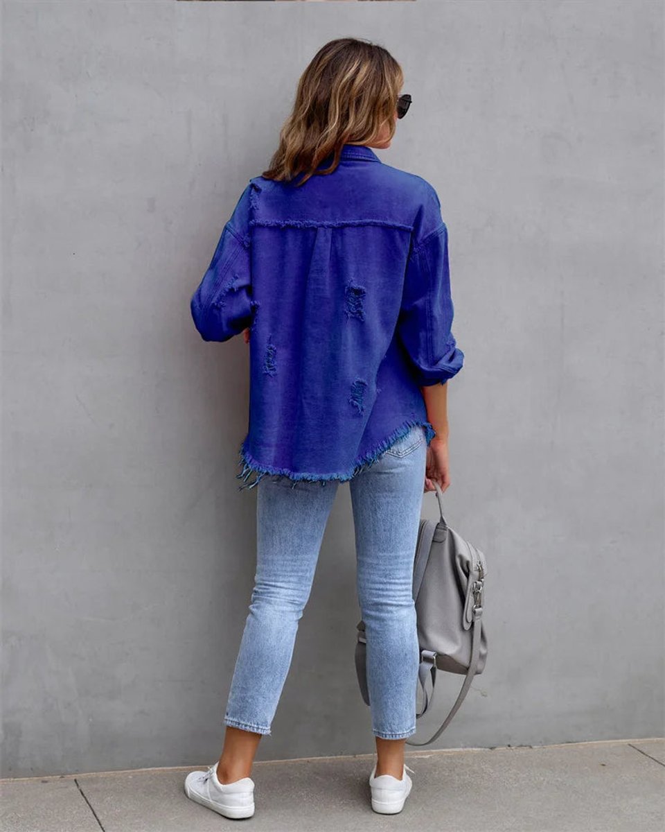 Women's Distressed Raw-Hem Oversized Denim Jacket