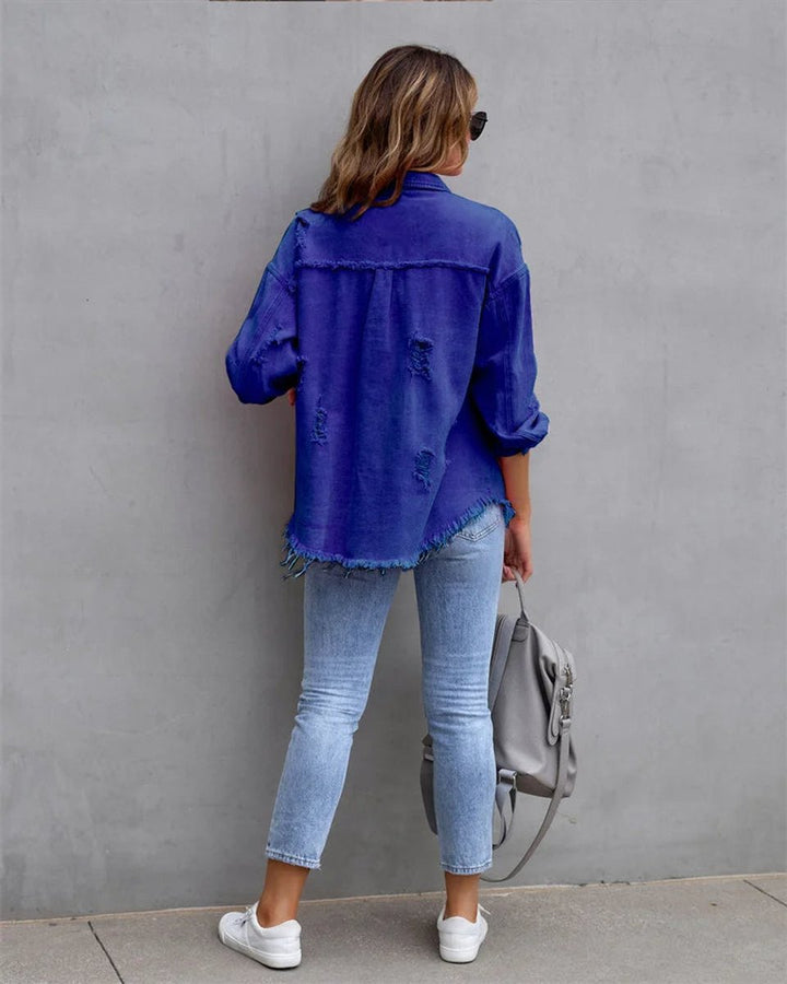 Women's Distressed Raw-Hem Oversized Denim Jacket