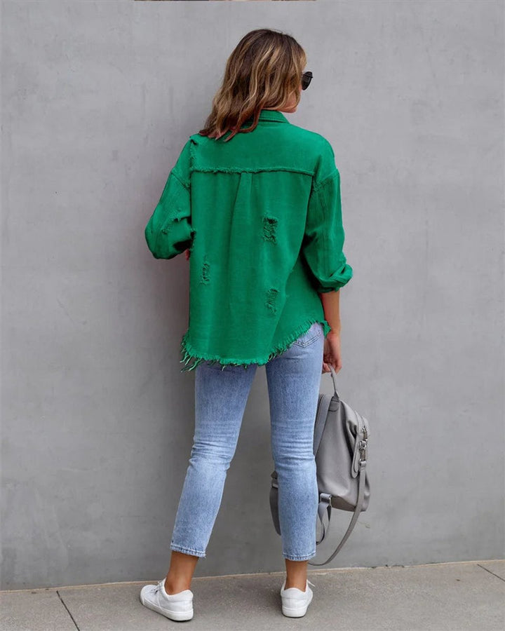 Women's Distressed Raw-Hem Oversized Denim Jacket