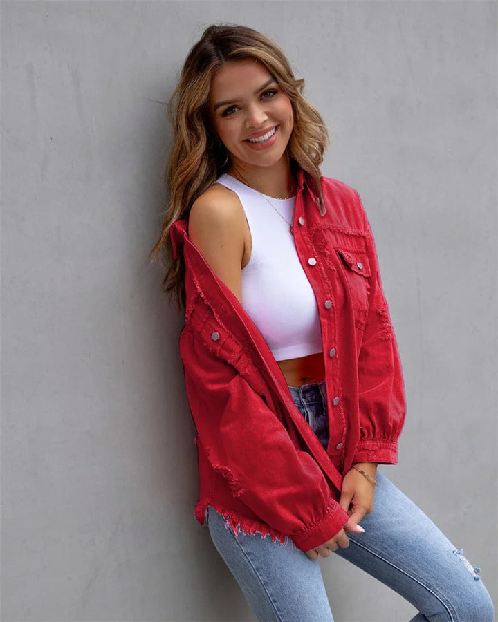 Women's Distressed Raw-Hem Oversized Denim Jacket