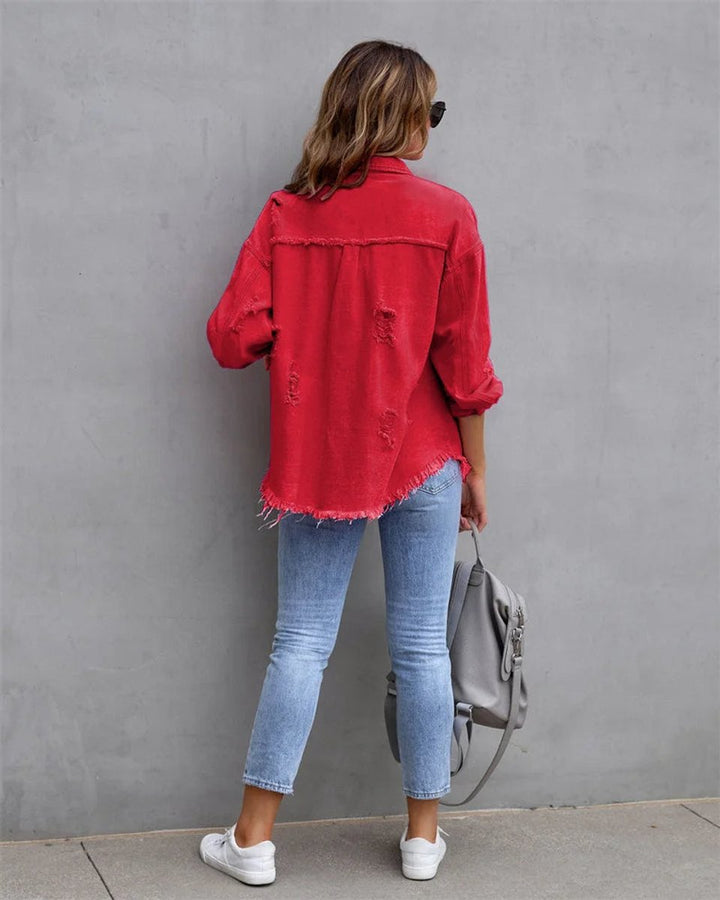 Women's Distressed Raw-Hem Oversized Denim Jacket