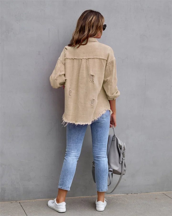 Women's Distressed Raw-Hem Oversized Denim Jacket