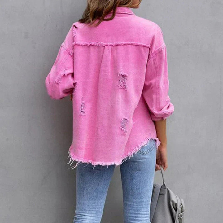 Women's Distressed Raw-Hem Oversized Denim Jacket