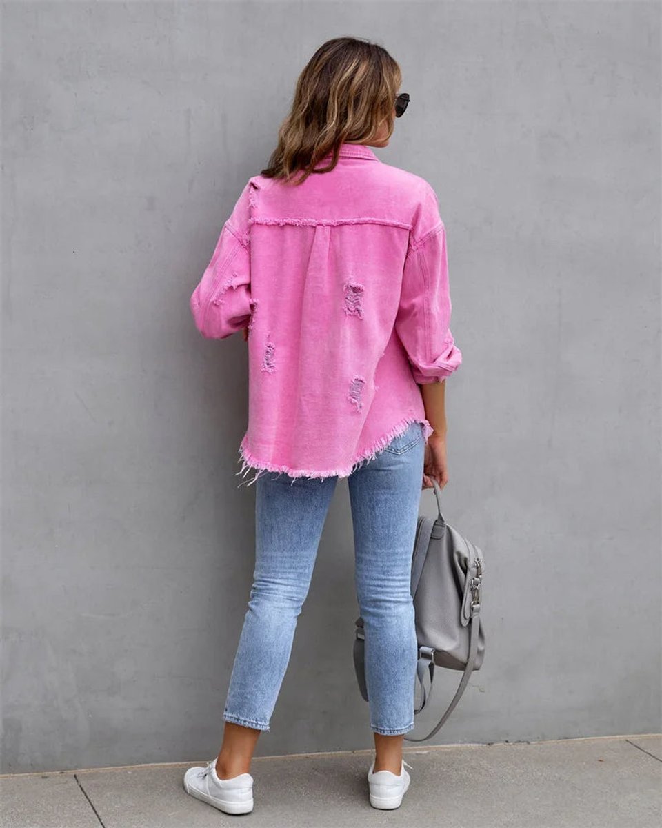Women's Distressed Raw-Hem Oversized Denim Jacket