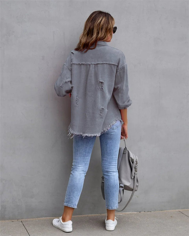 Women's Distressed Raw-Hem Oversized Denim Jacket