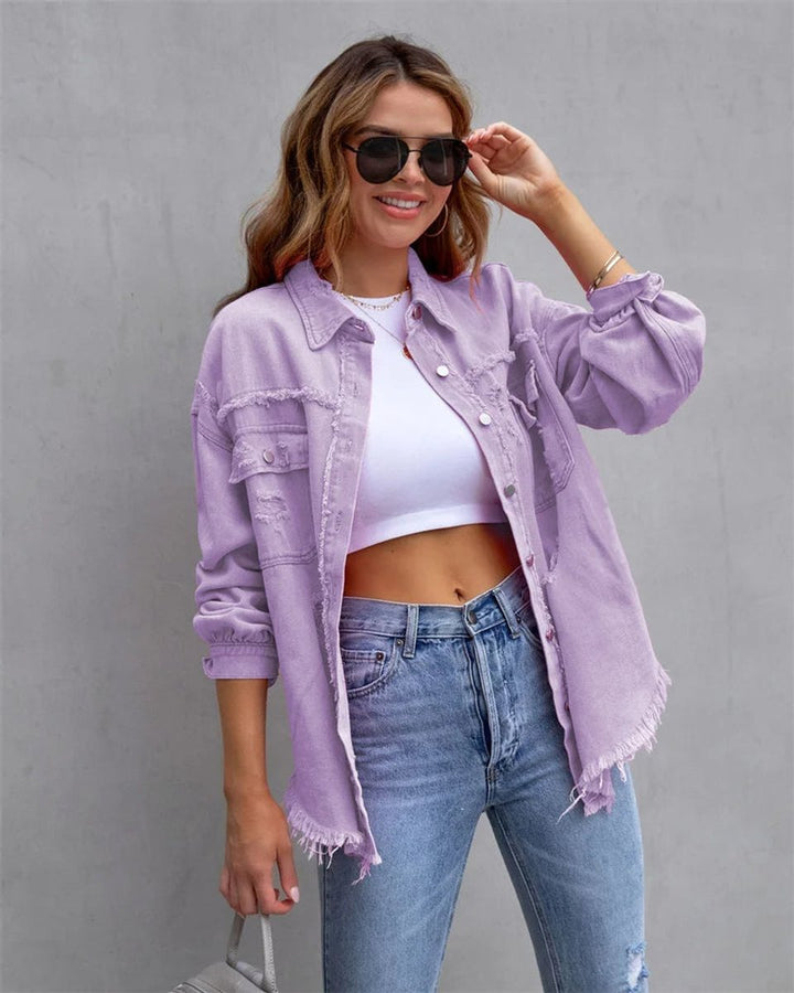 Women's Distressed Raw-Hem Oversized Denim Jacket