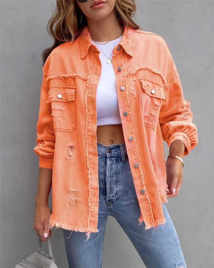 Women's Distressed Raw-Hem Oversized Denim Jacket