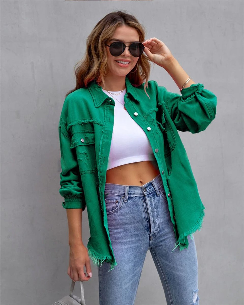 Women's Distressed Raw-Hem Oversized Denim Jacket