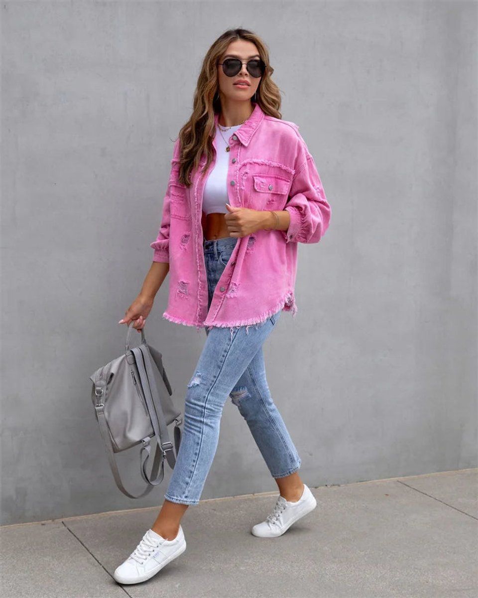 Women's Distressed Raw-Hem Oversized Denim Jacket