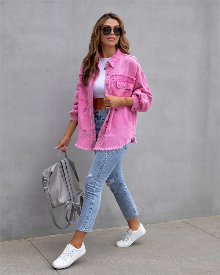 Women's Distressed Raw-Hem Oversized Denim Jacket
