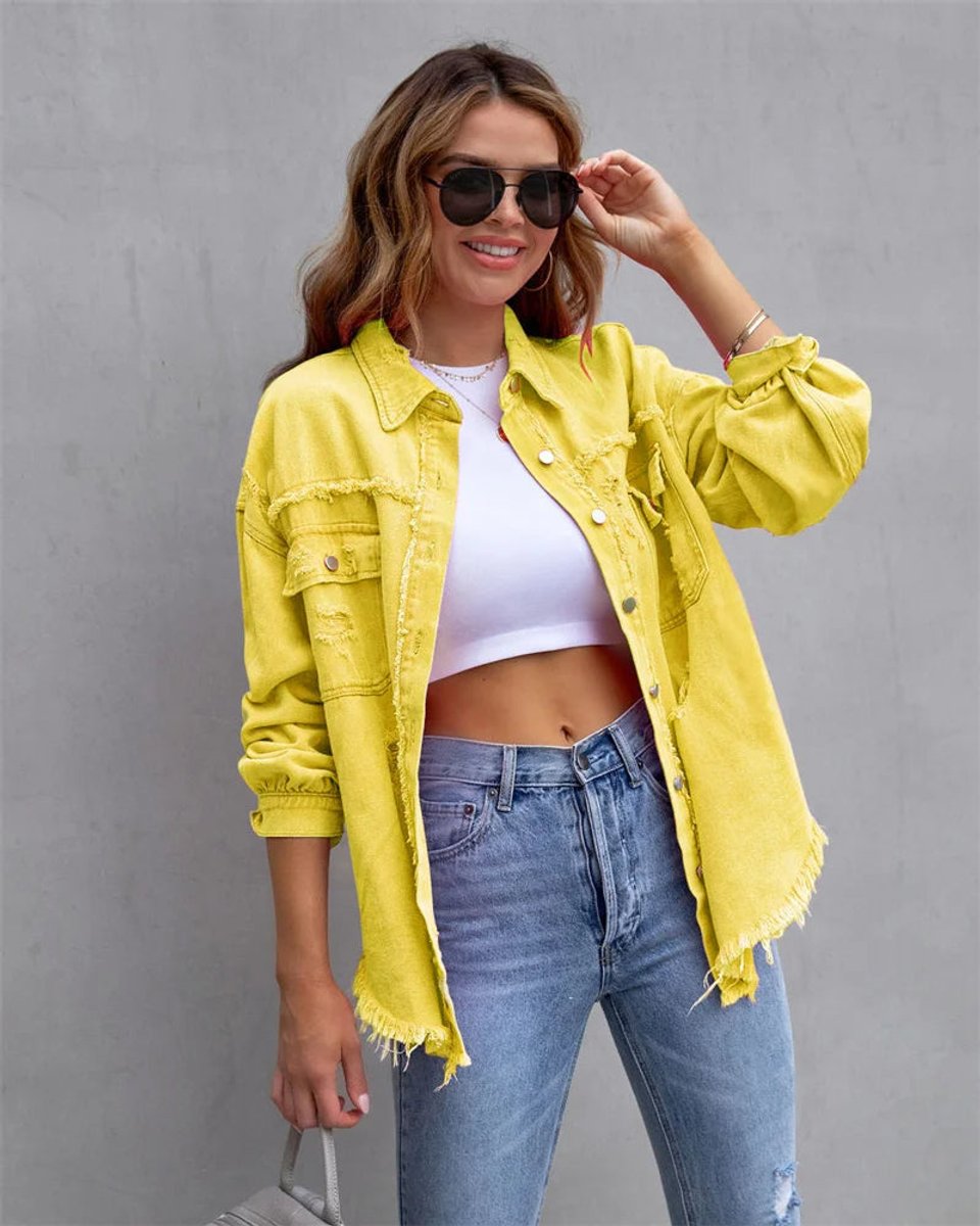 Women's Distressed Raw-Hem Oversized Denim Jacket