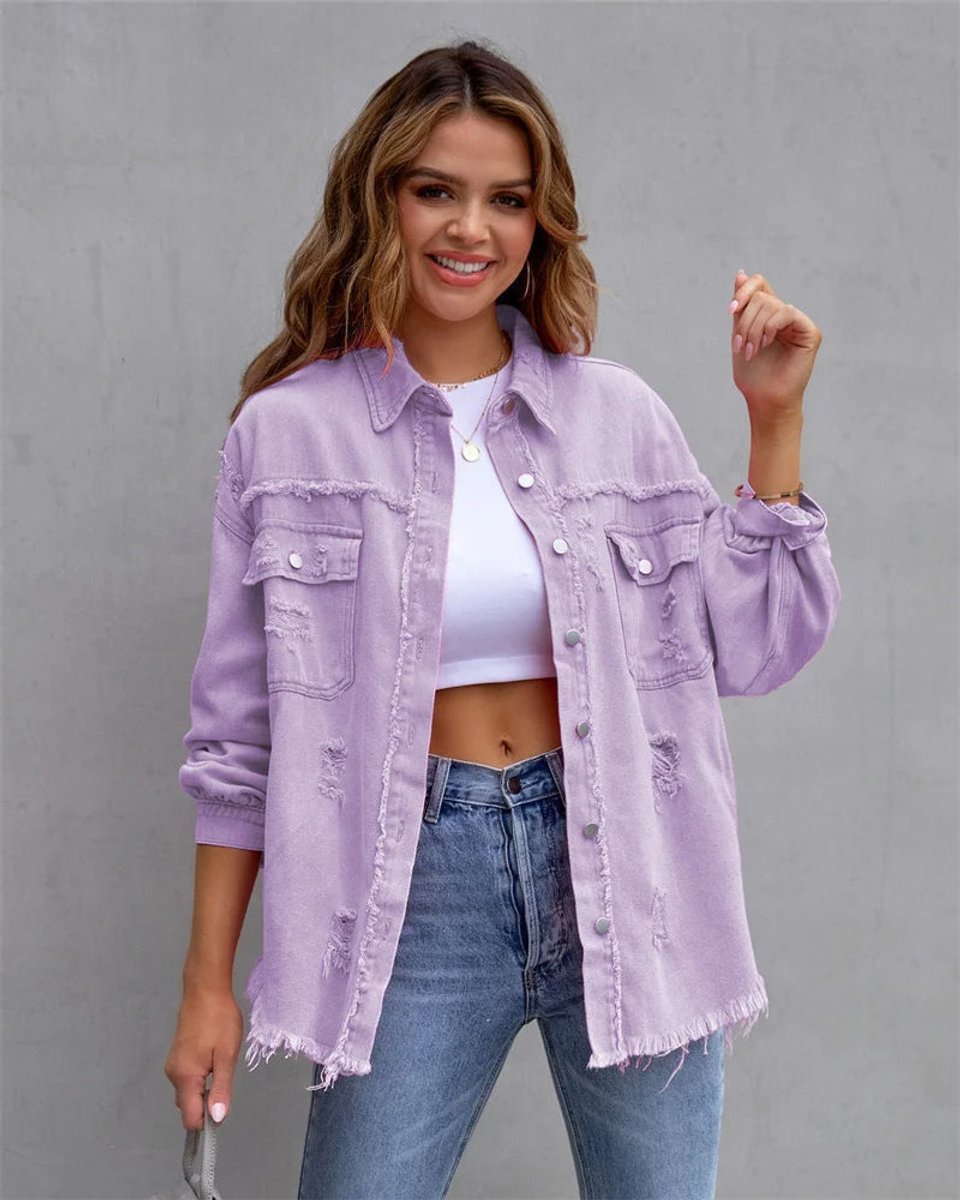 Women's Distressed Raw-Hem Oversized Denim Jacket