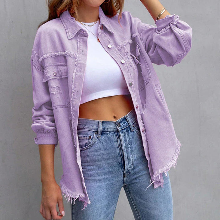 Women's Distressed Raw-Hem Oversized Denim Jacket