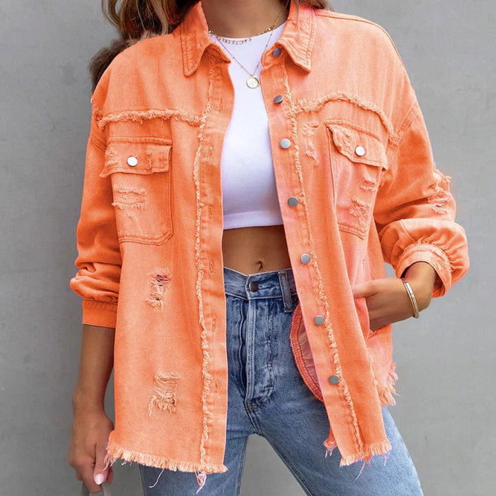 Women's Distressed Raw-Hem Oversized Denim Jacket