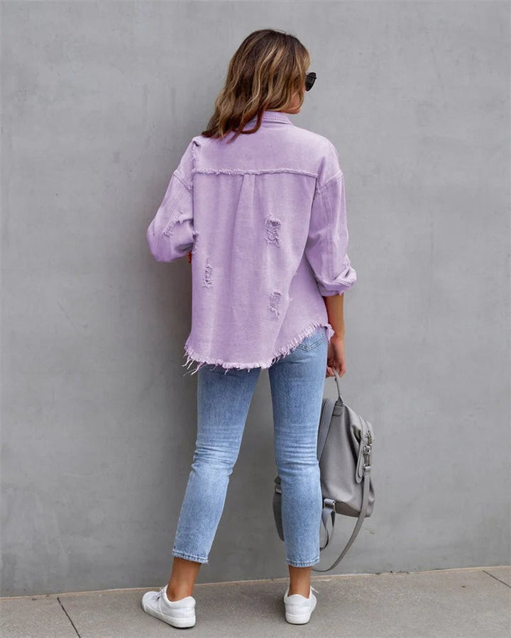 Women's Distressed Raw-Hem Oversized Denim Jacket