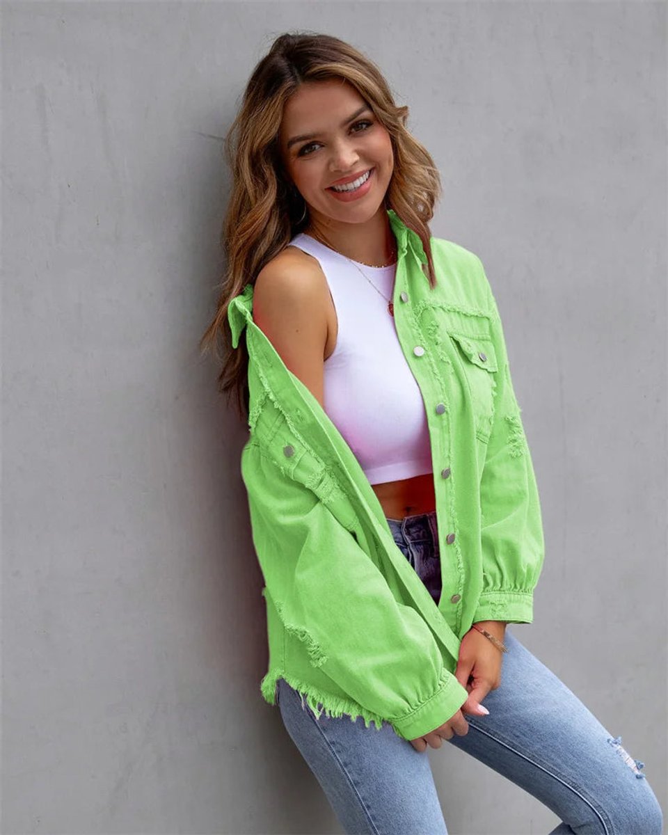 Women's Distressed Raw-Hem Oversized Denim Jacket