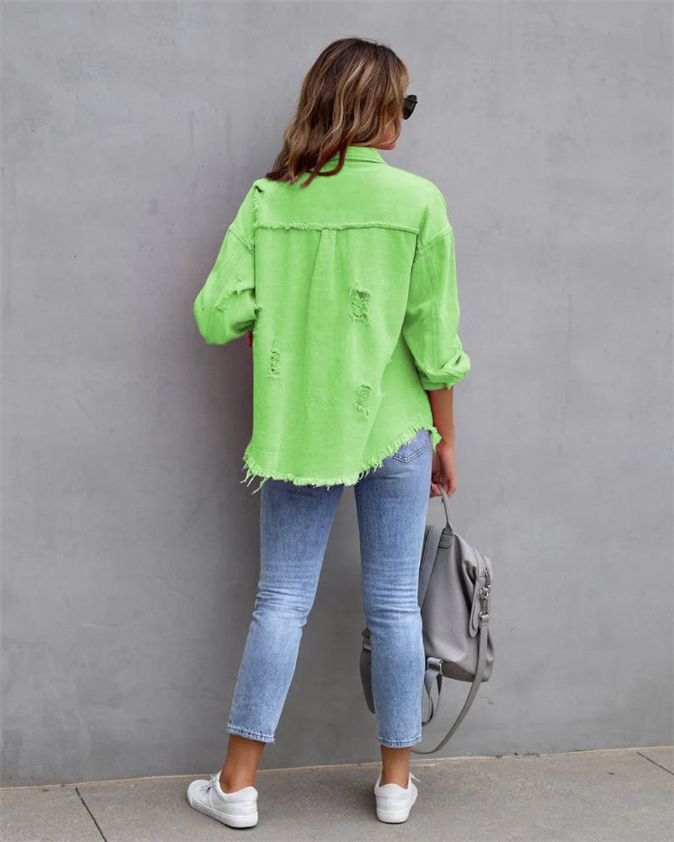 Women's Distressed Raw-Hem Oversized Denim Jacket