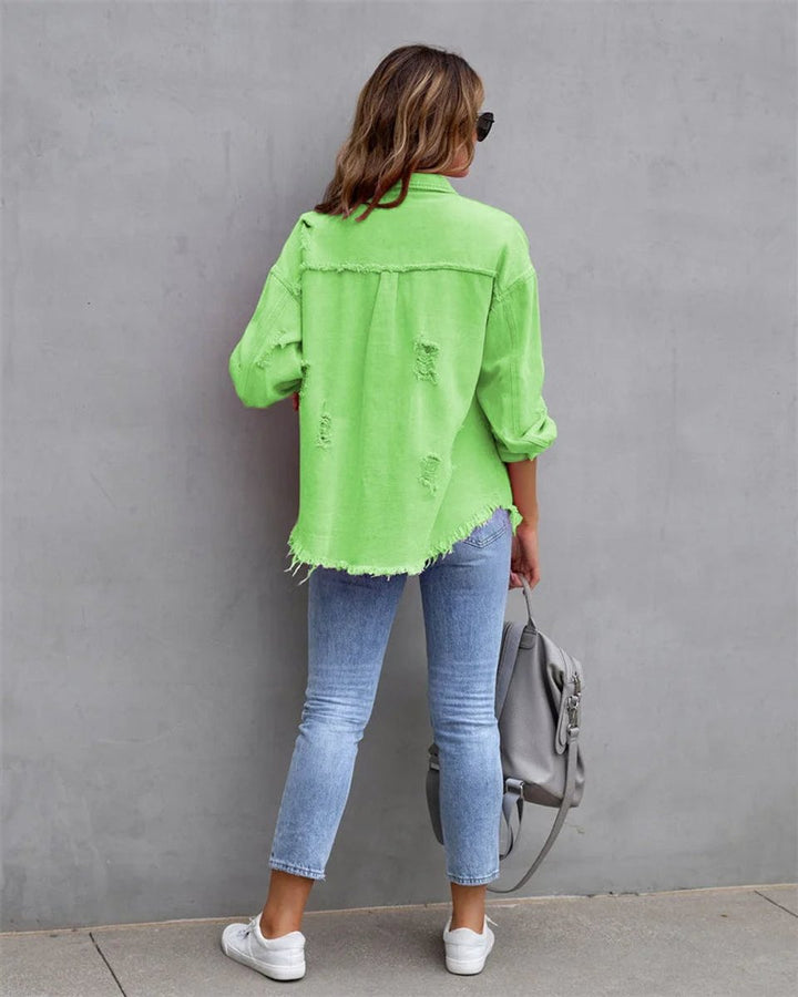 Women's Distressed Raw-Hem Oversized Denim Jacket