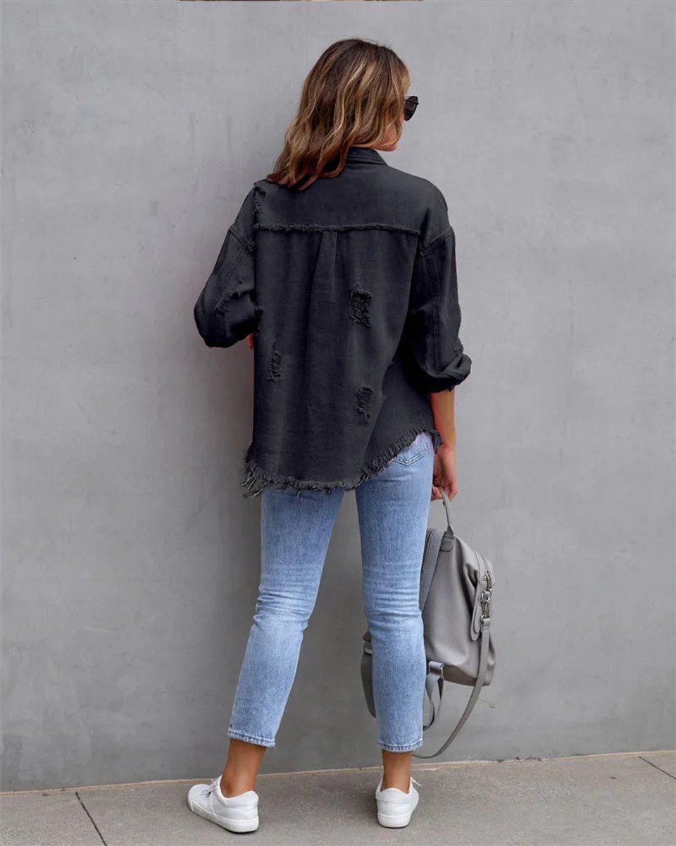 Women's Distressed Raw-Hem Oversized Denim Jacket