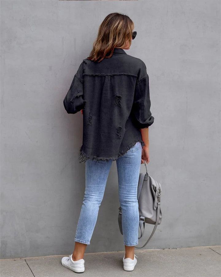 Women's Distressed Raw-Hem Oversized Denim Jacket
