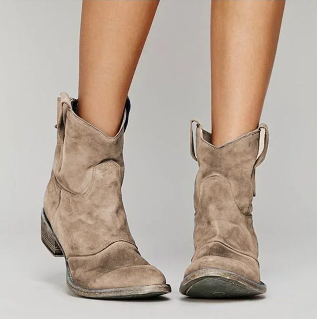 Women's Distressed Suede Western Ankle Boots Low Heel