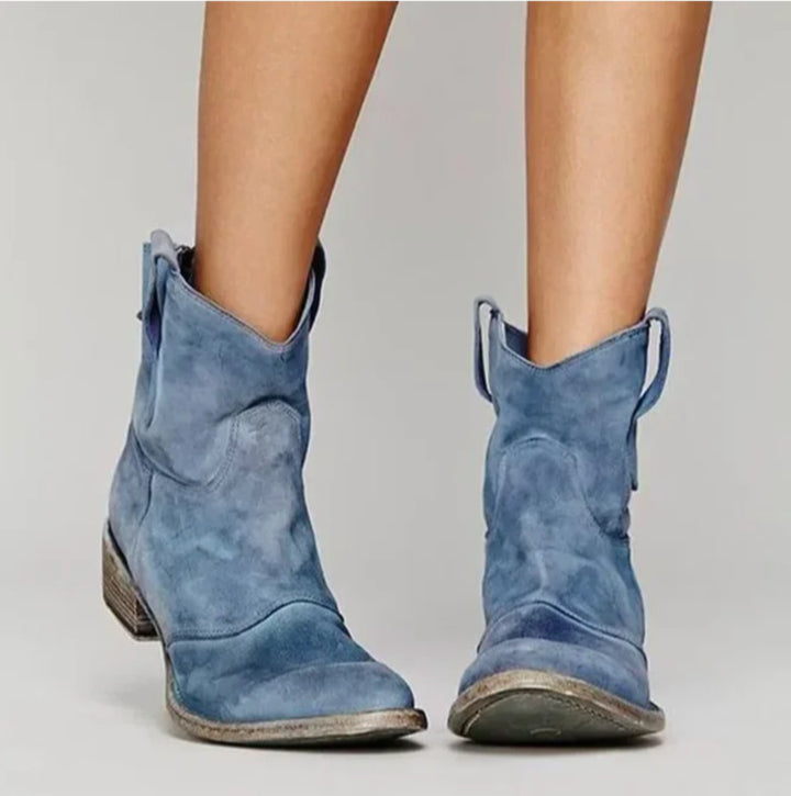 Women's Distressed Suede Western Ankle Boots Low Heel