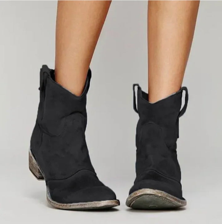 Women's Distressed Suede Western Ankle Boots Low Heel