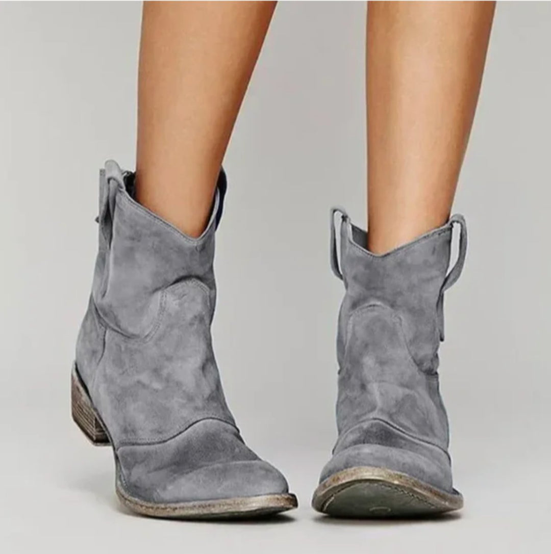 Women's Distressed Suede Western Ankle Boots Low Heel