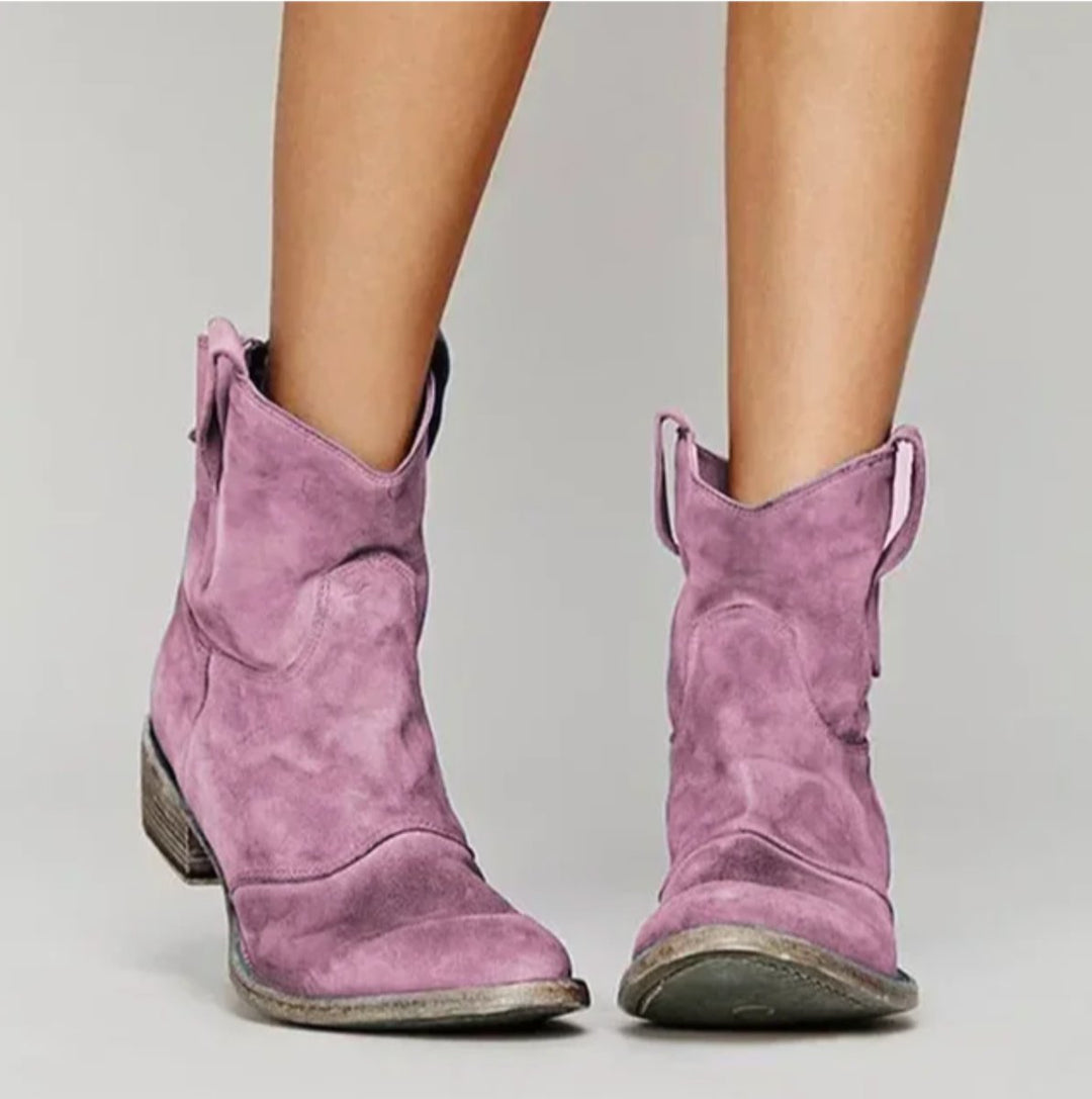 Women's Distressed Suede Western Ankle Boots Low Heel