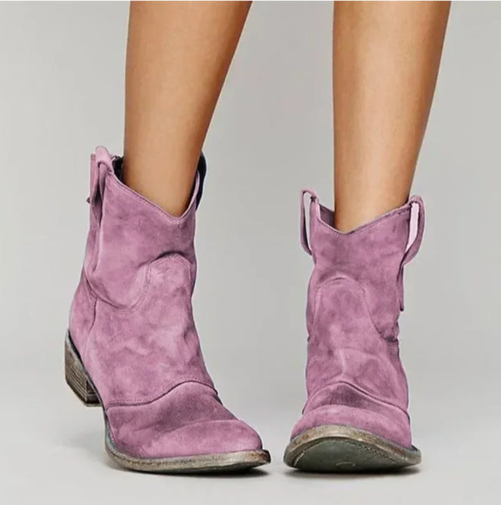 Women's Distressed Suede Western Ankle Boots Low Heel