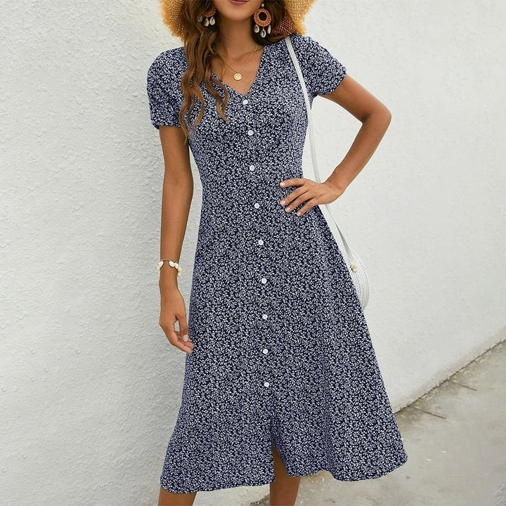 Women's Ditsy Floral Short-Sleeve Fall Midi Dress