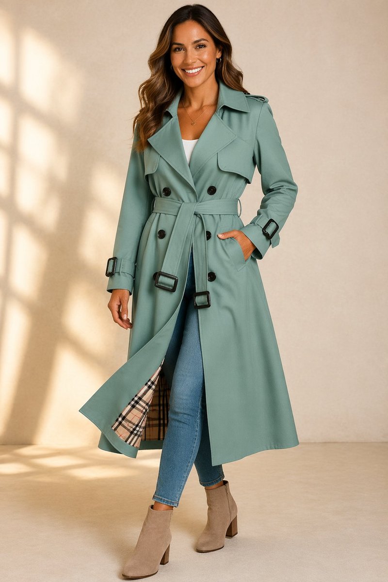 Women's Double-Breasted Belted Long Trench Coat Tartan-Lined - Green