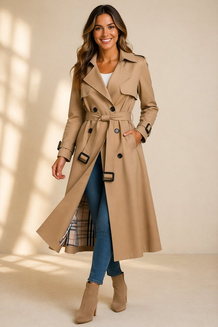 Women's Double-Breasted Belted Long Trench Coat Tartan-Lined - Beige