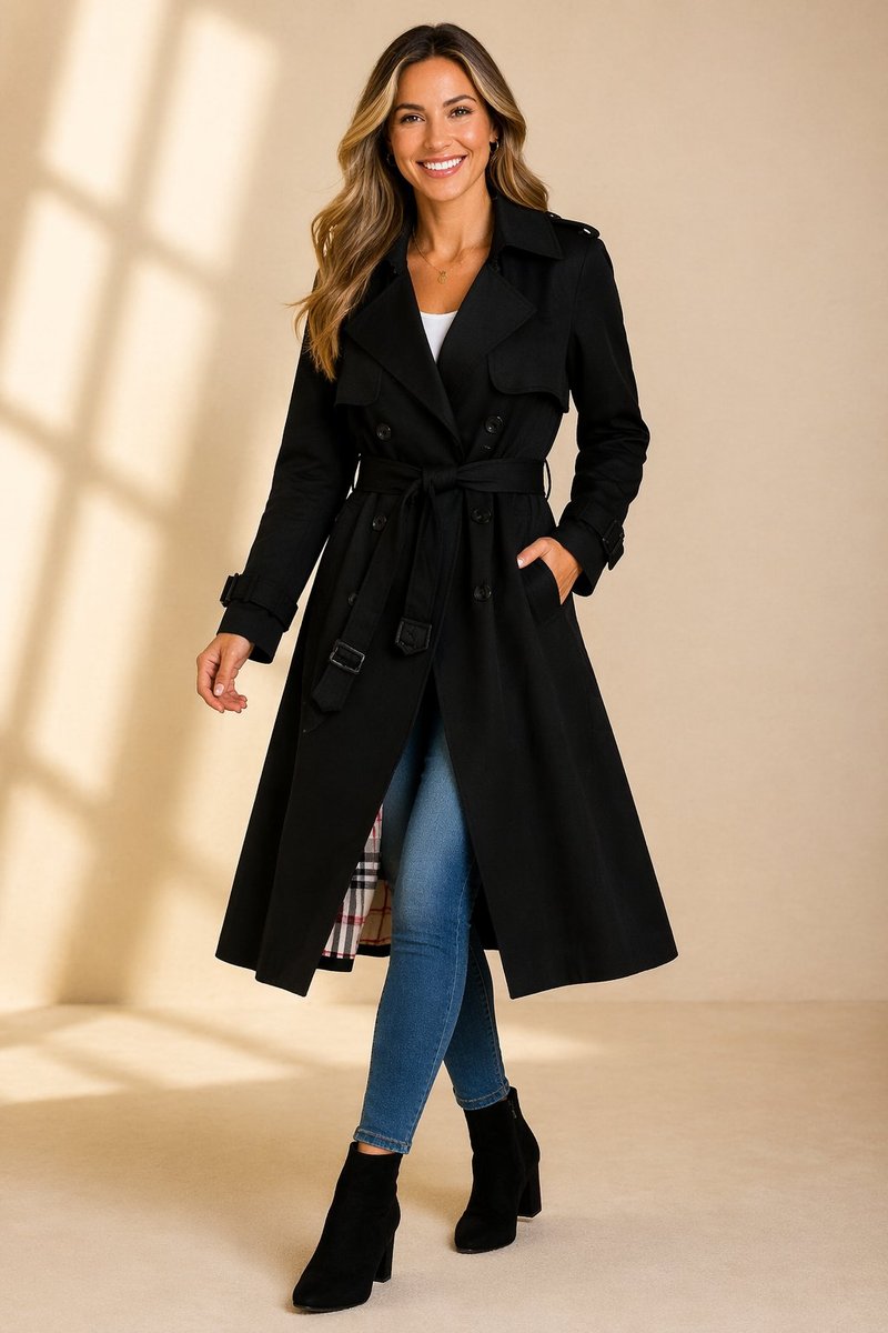 Women's Double-Breasted Belted Long Trench Coat Tartan-Lined - Black